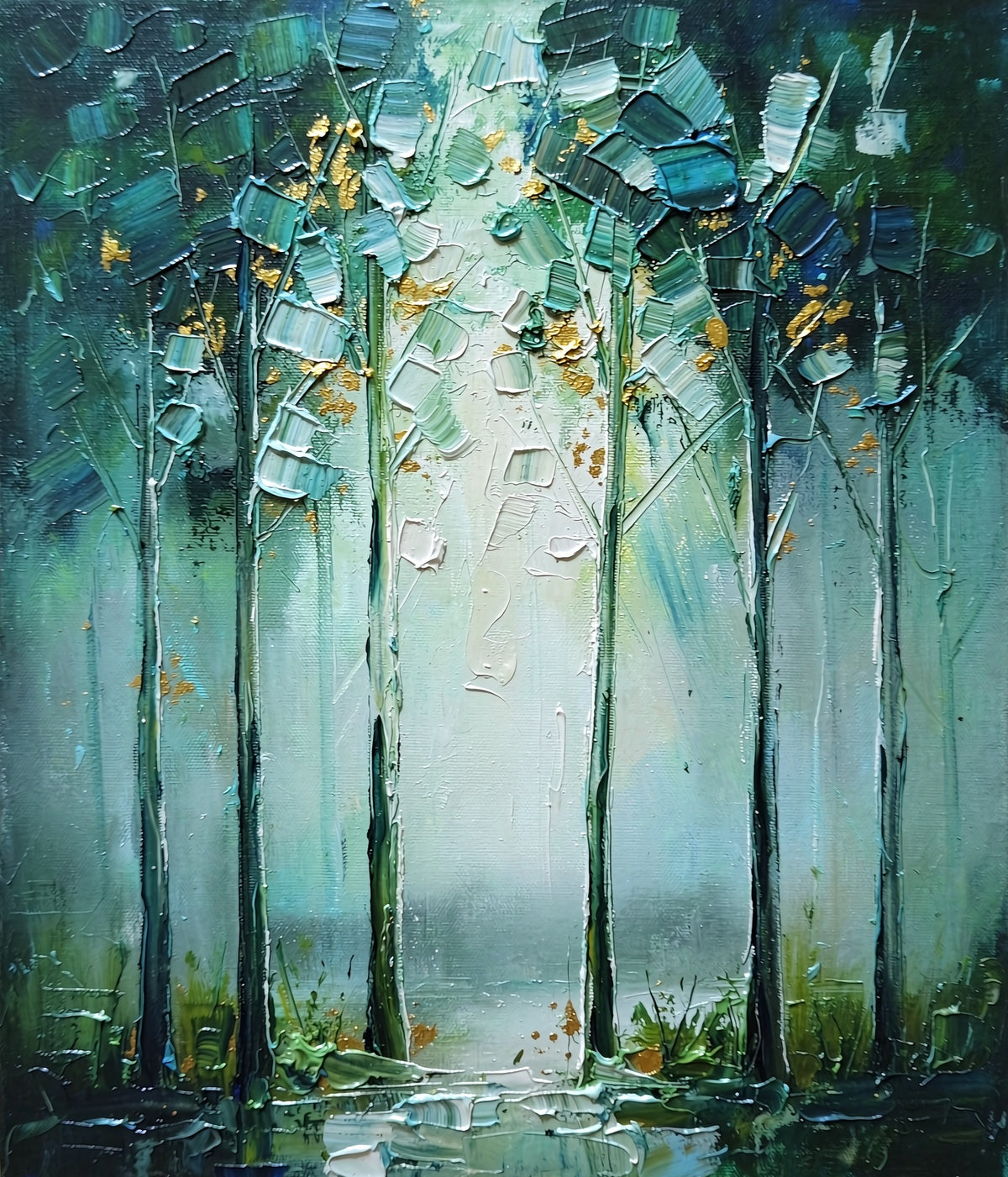 Abstract teal misty forest artwork with textured trees and gold accents