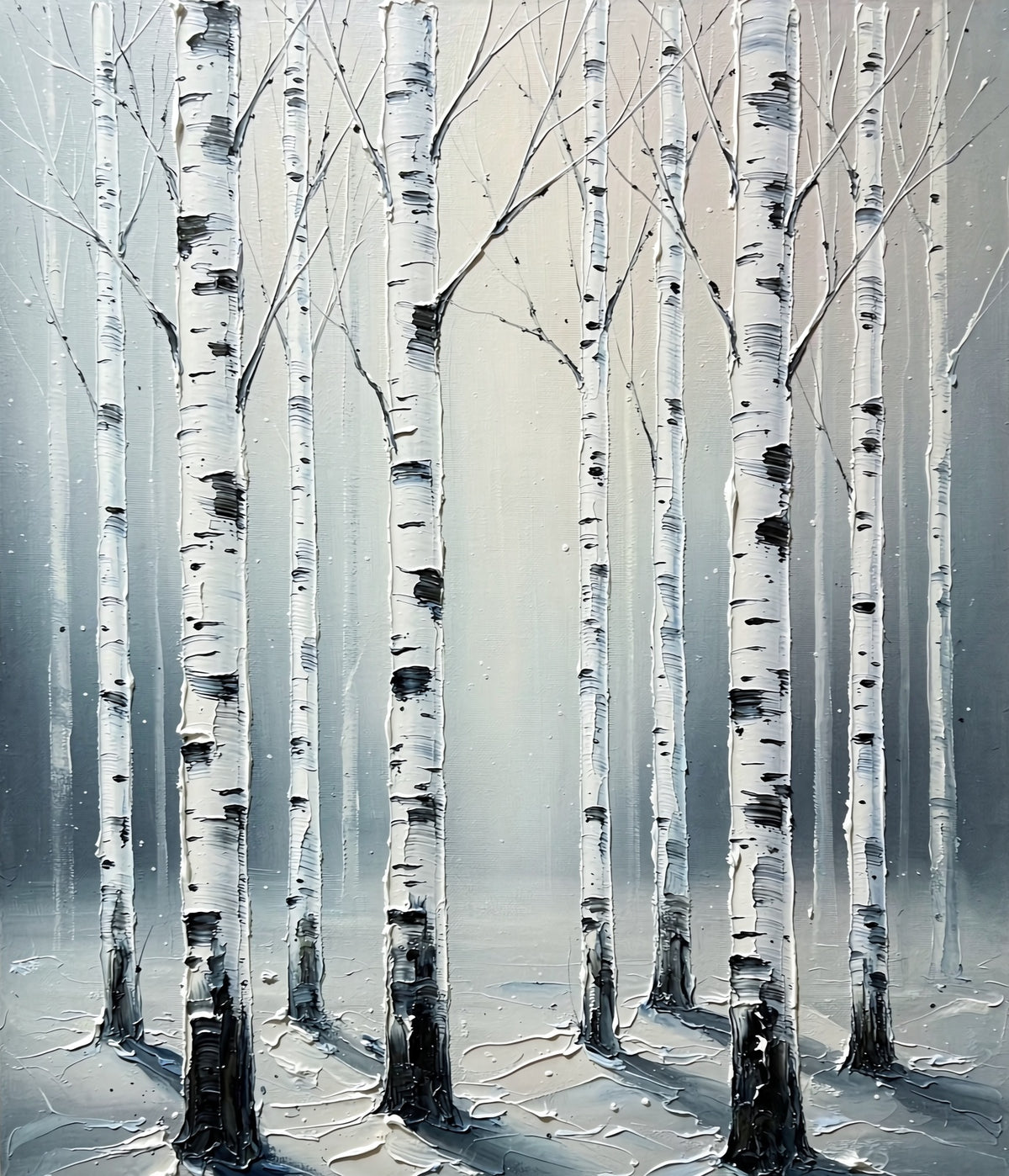 Snowy winter birch tree artwork in white, charcoal and gray