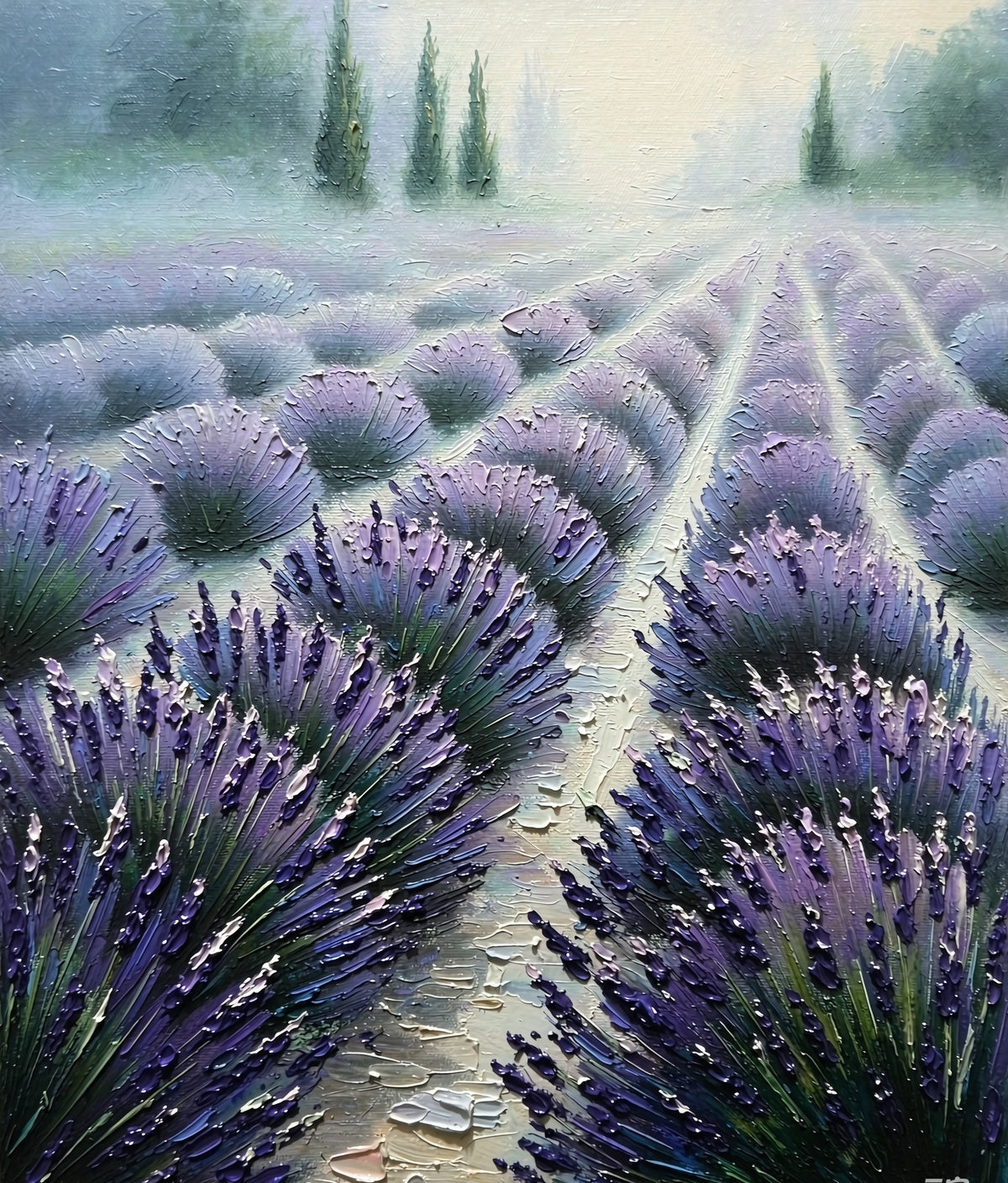 Misty lavender field hand-painted oil painting