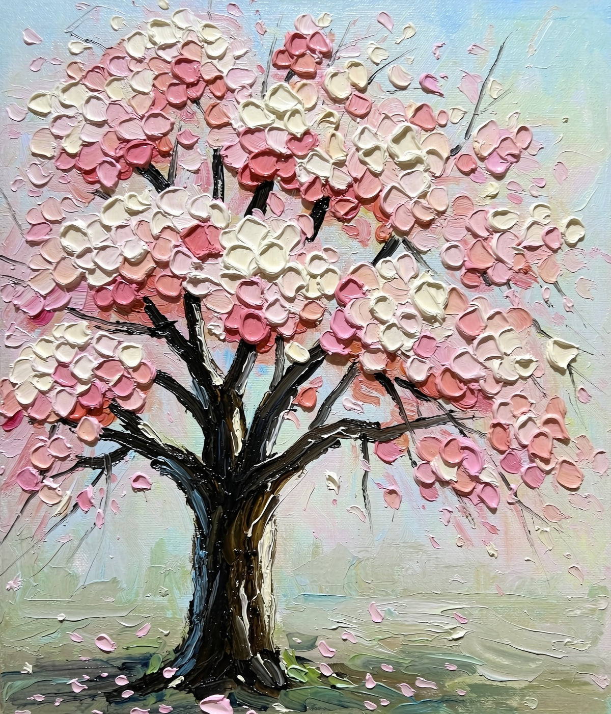 Hand-painted pink cherry blossom tree oil painting