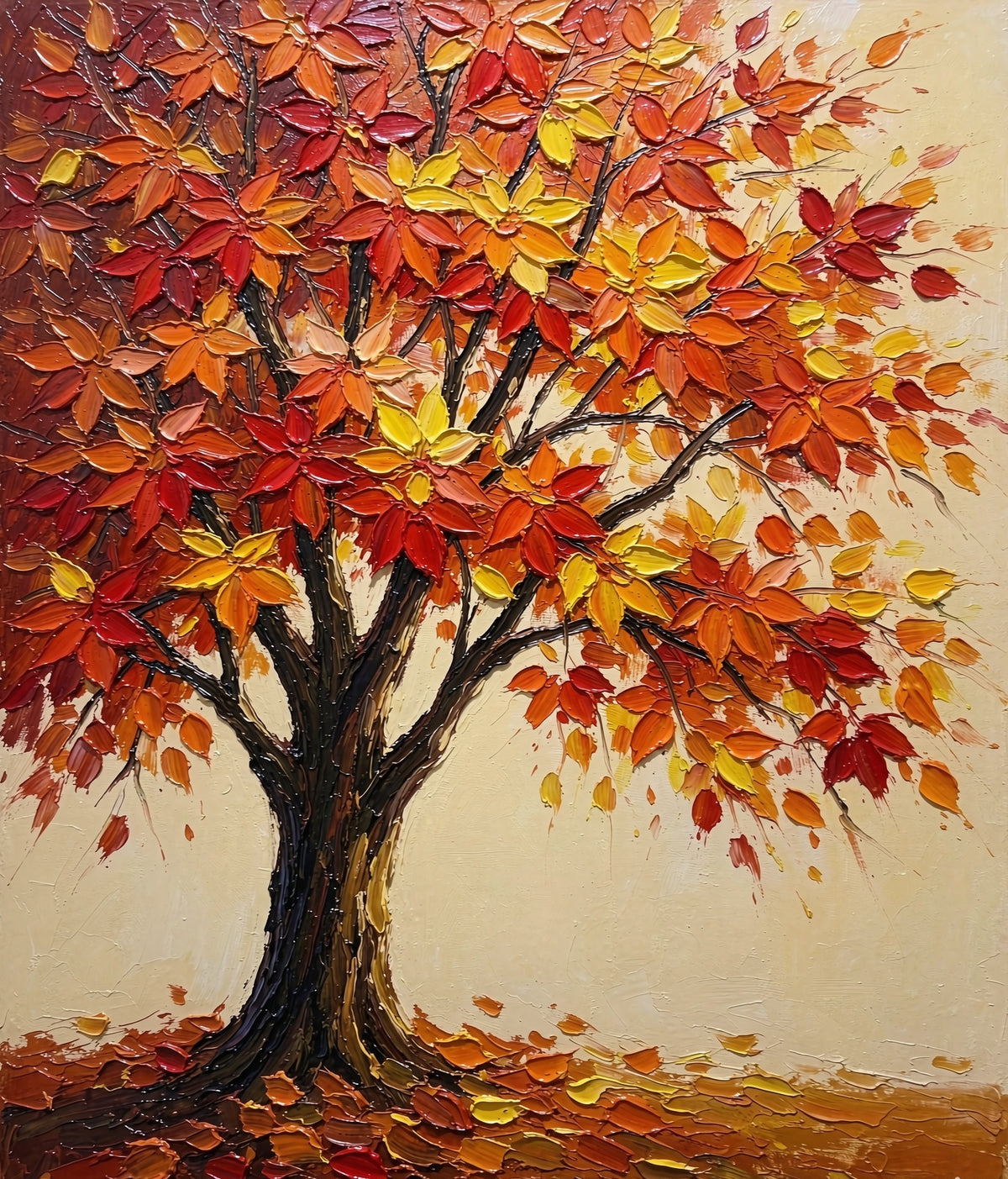 Hand-painted autumn red maple tree oil painting