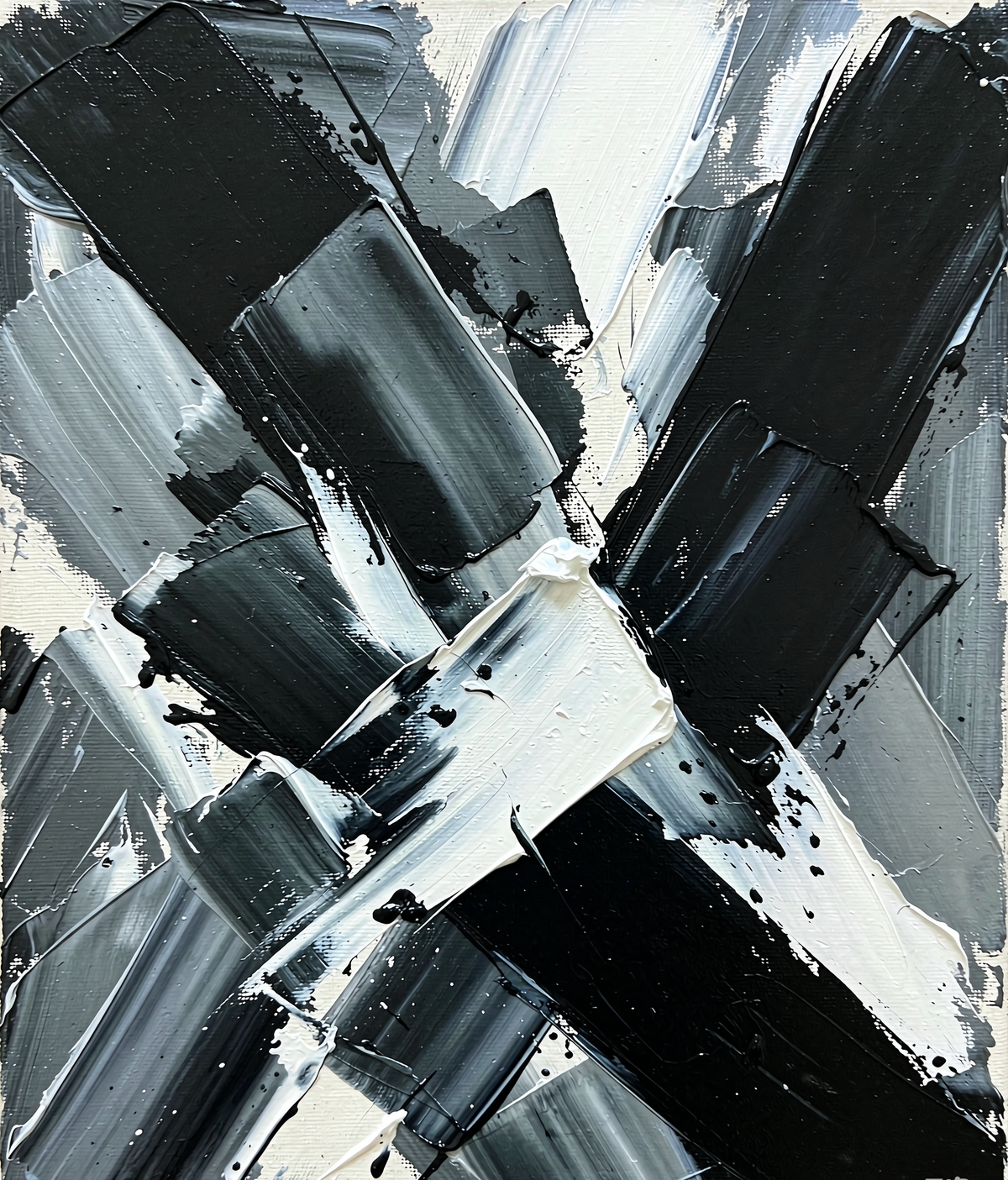 Bold black white and gray abstract artwork with diagonal strokes