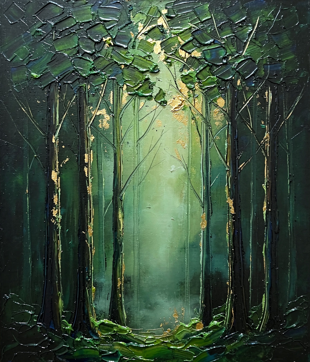 Dark green and gold forest artwork