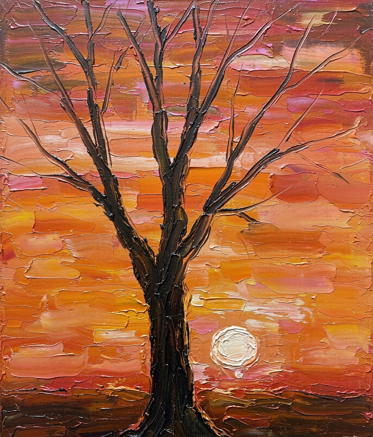 Hand-painted lone tree at sunset oil painting