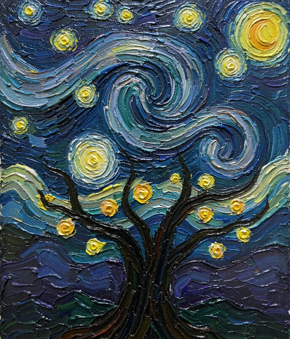 Hand-painted tree under a starry night oil painting