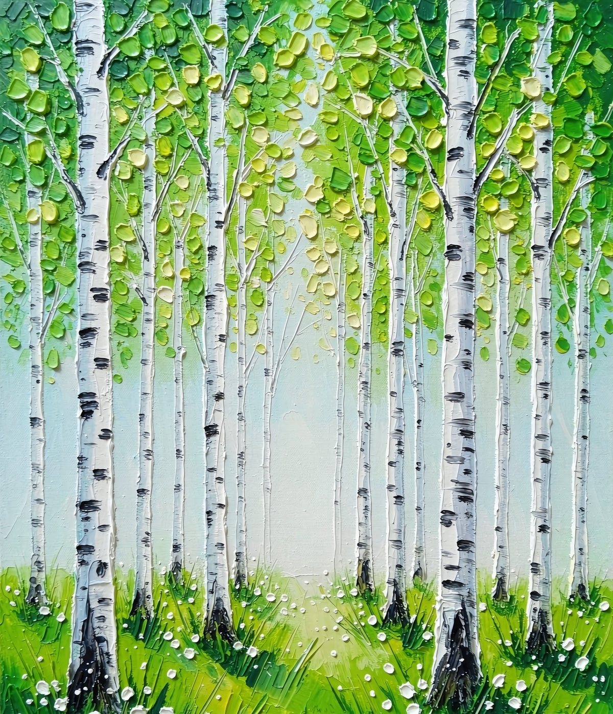 Hand-painted spring green birch grove oil painting