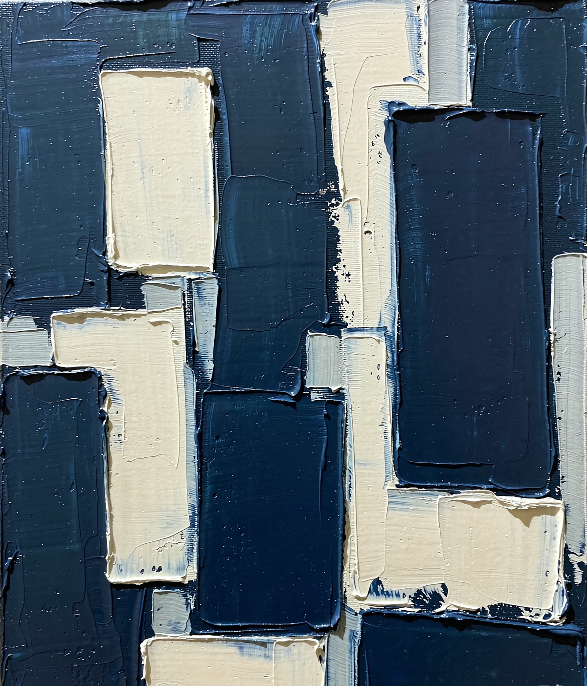 Navy blue geometric abstract artwork with cream blocks