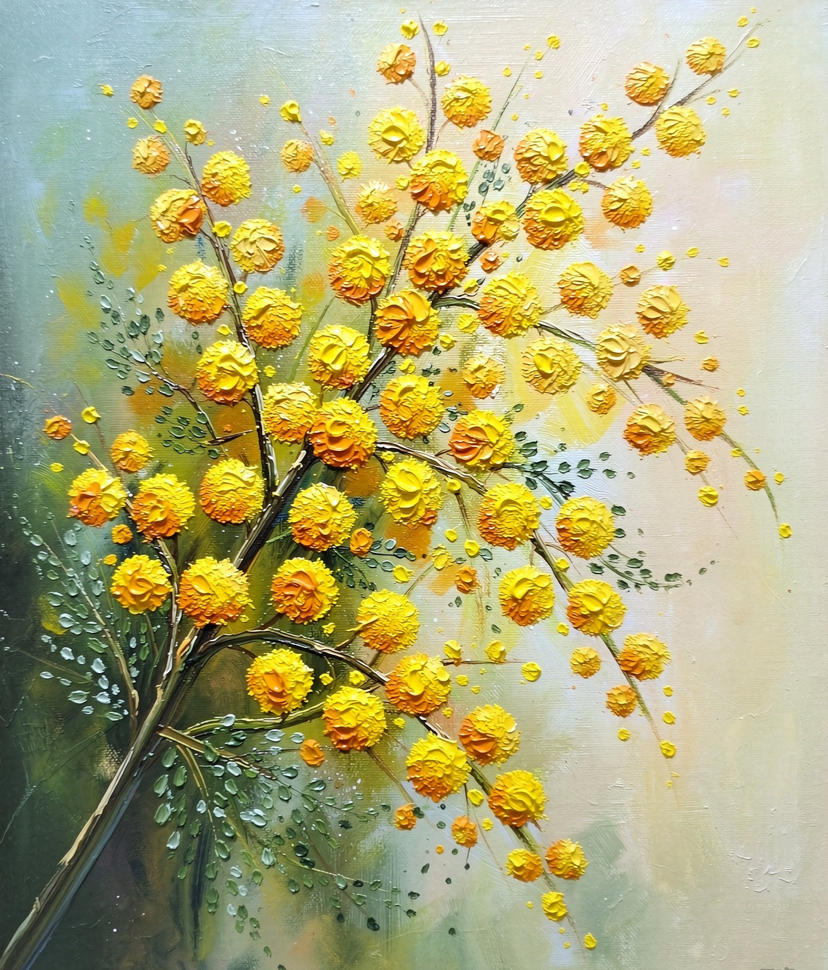 Golden acacia hand-painted botanical oil painting