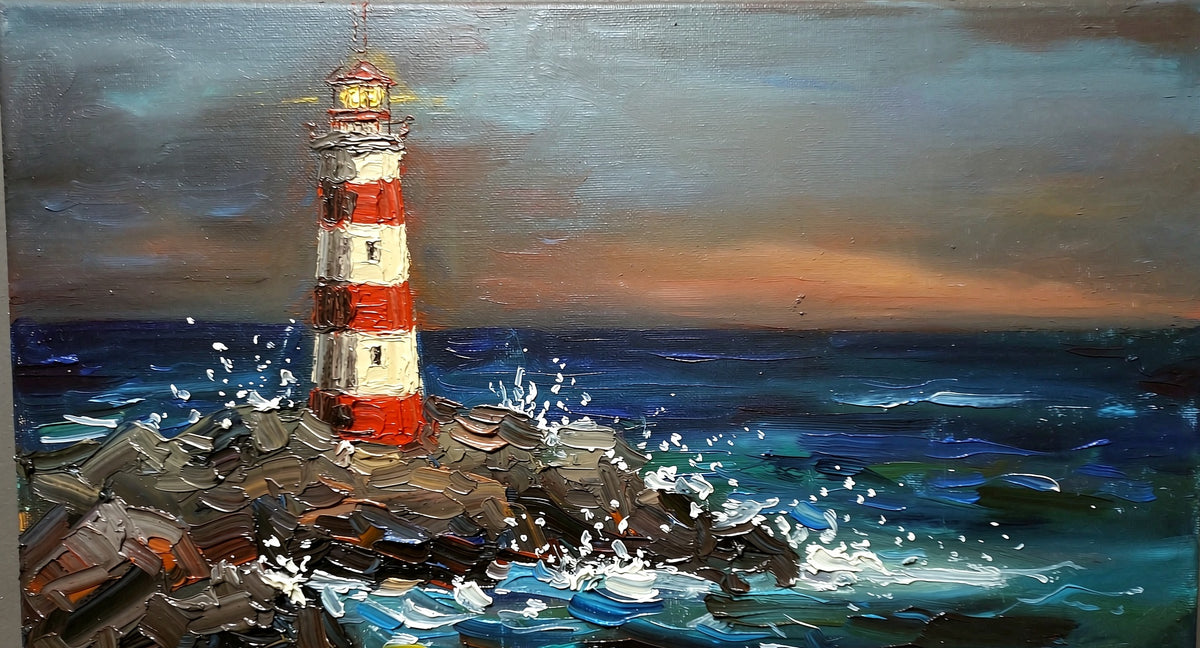 Red and white lighthouse by the sea original painting