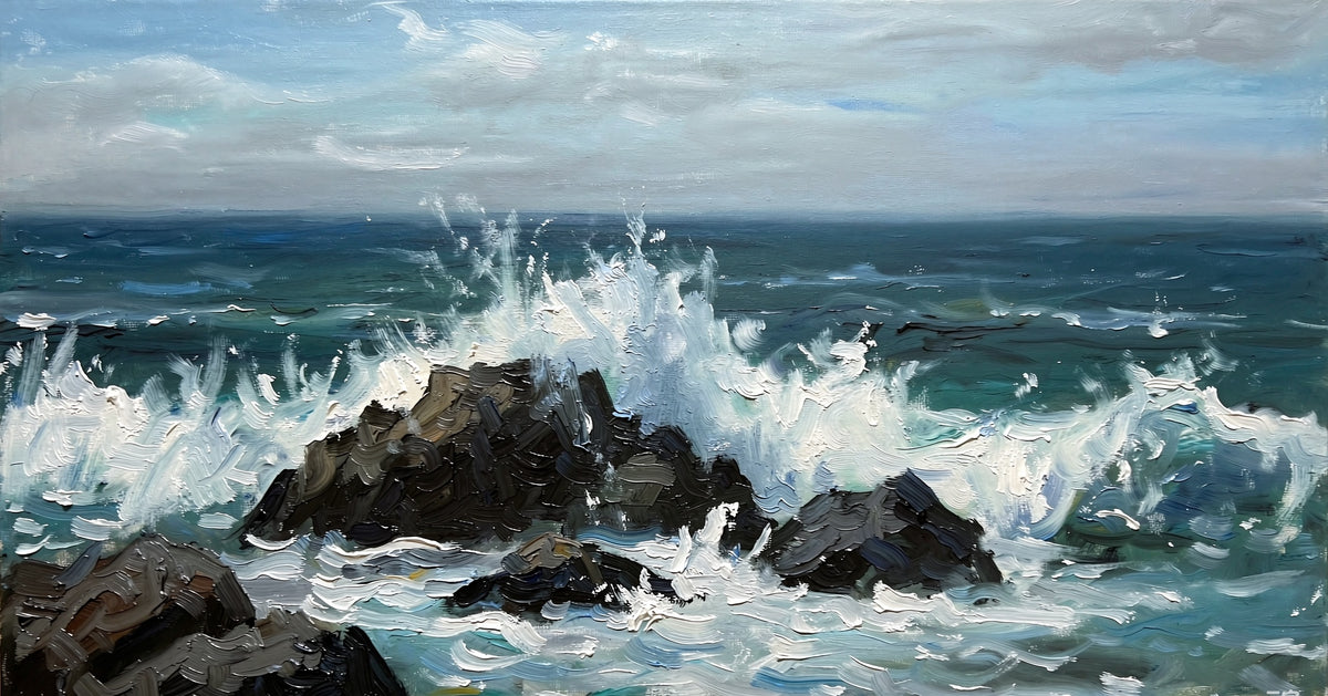 Waves crashing against coastal rocks original painting